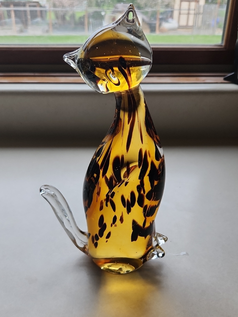 Fifth Avenue Crystal Amber Cat Figurine - 1980s VTG Home Art Meow
